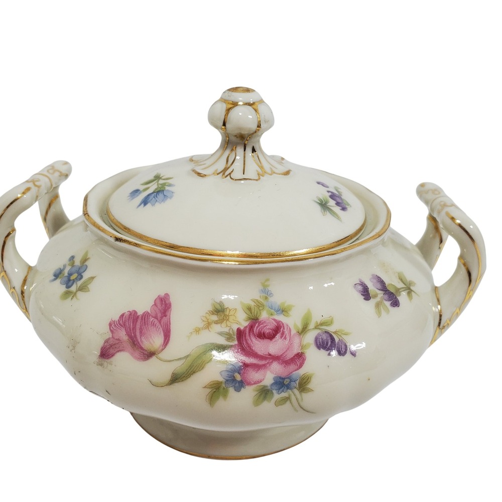 K&A Krautheim Selb Bavaria Sugar Bowl Cream Floral VTG Germany gold gilt trim